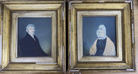 19th century English School, pair of watercolour on paper, miniature portraits of a lady and gentleman, 15 x 13cm